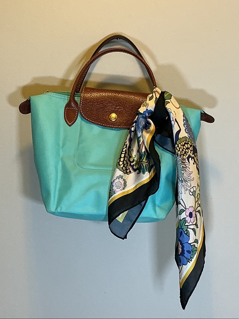 Longchamp Turquoise Nylon Le Pliage Tote with Brown Leather Trim - Picture 7 of 14